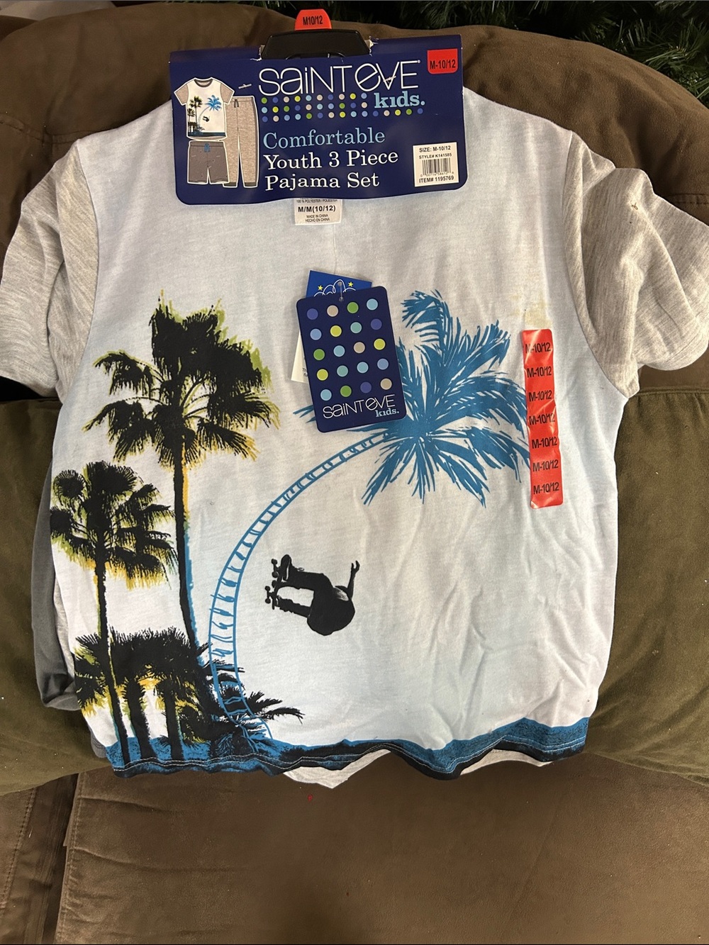 Kids Light Blue Palm Tree Graphic 3pc Pajama Set- Youth
